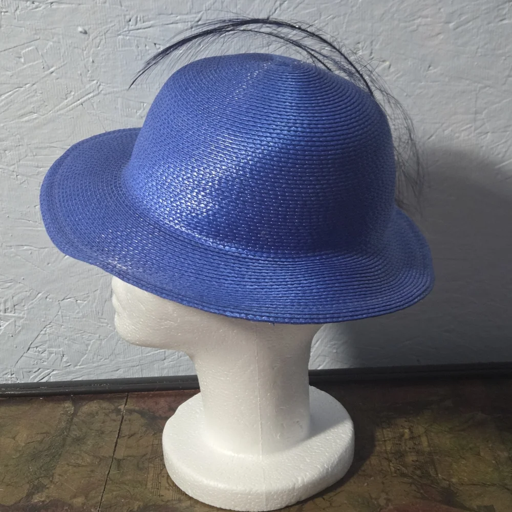 Vintage Periwinkle Straw Bowler Hat With Feathers - Picture 6 of 8